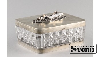 Серебро , Икорница , хрусталь, Мастер - AS (Зайцев Андрей 1735 - 1749) Российская империя, 84 проба , 14x12x6 , Общий вес 1199 г.