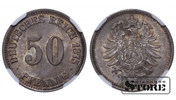 Vācija, 50 pfeningi, 1875. gads, C (Frankfurta kaltuve), sudrabs, NGC MS 64