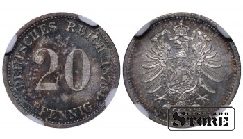 Vācija, 20 pfeningi, 1876. gads, H (Hannovera kaltuve), sudrabs, NGC MS 64 Top Pop