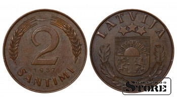 1937 Latvia 2 Santimi Bronze Coin KM#11.2
