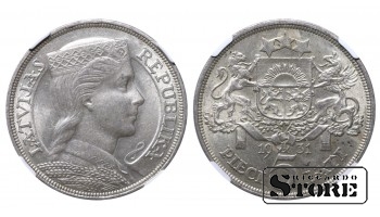Latvia Alberts Kviesis (1930 - 1934), 1931 5 Lats, NGC AU 58
