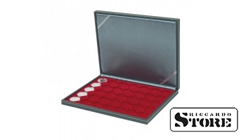 NERA M case with a dark red tray for 35 round cells to hold coin capsules with an outer diameter of 34 mm, such as for holding 5 euro coins from Germany in LINDNER capsules.