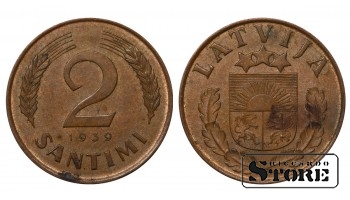 1939 Latvia 2 Santimi Bronze Coin KM#11.2