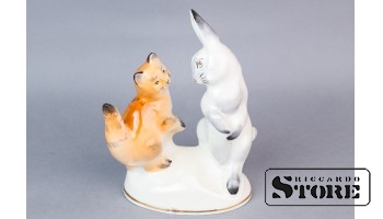 Статуэтка, Кот и заяц, фарфор, Рига, Рижская фарфоровая фабрика, автор Лиза Дзегузе, 50-е годы