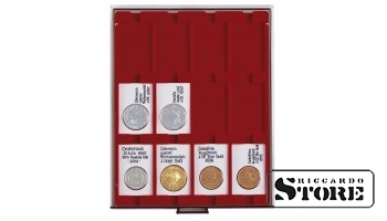 Numismaatika karp RAUCHGLAS versioonis, 12 ristkülikukujulise lahtriga REBECK COIN L 75 x 50 mm raamidele.
