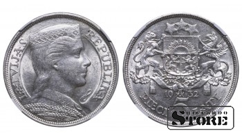 Latvia Alberts Kviesis (1930 - 1934), 1932 5 Lats, NGC AU 58