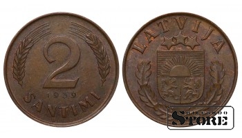 1939 Latvia 2 Santimi Bronze Coin KM#11.2