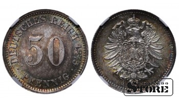 Vācija, 50 pfeningi, 1875. gads, J (Hamburga), sudrabs, NGC MS 64 Top Pop
