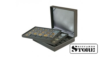 NERA XL dėžė su 3 įdėklais ir juodai samte aptrauktomis lentynomis 60 monetų rėmelių 50x50 mm / CARRÉE monetų kapsulių / OCTO monetų kapsulių talpinimui