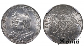 Королевство Пруссия, 2 марки, 1901 год, 200 лет Королевству Пруссия, NGC UNC DETAILS, Вильгельм II