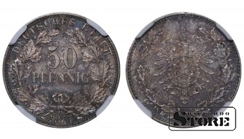 Vācija, 50 pfeningi, 1877. gads, J (Hamburgas kaltuve), sudrabs, NGC MS 64