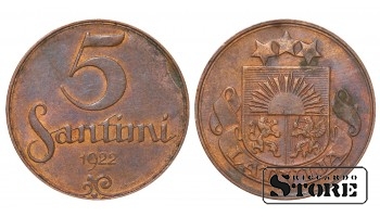 1922 Läti münt, Pronks, Haruldane 5 santimi KM# 3 #LV2641