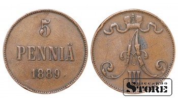 Император Александр II, Финляндия, 5 пенни, 1889. год, медь