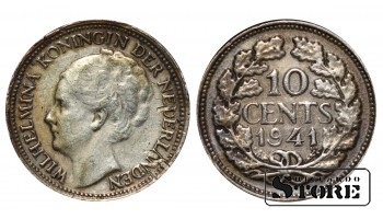 1941 Wilhelmina Netherlands Coin Silver Coinage Rare 10 cents KM# 163 #NL3263