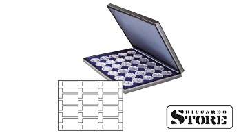 NERA M dėžė su tamsiai mėlynu padėklu ir 12 stačiakampių skyrių REBECK COIN L 75 mm x 50 mm monetų rėmeliams.
