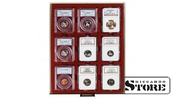 Numismātikas RAUCHGLAS kārba 9 sertificētu ASV monētu izvietošanai izmērā 63x85 mm