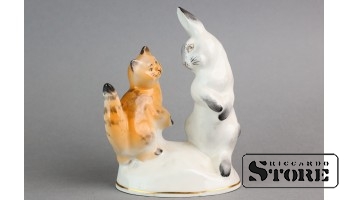 Статуэтка, Кот и заяц, фарфор, Рига, Рижская фарфоровая фабрика, автор Лиза Дзегузе, 50-е годы