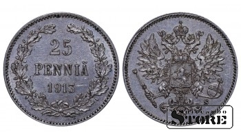 1913 Nikolajs II Somija Sudrabs Monēta Reta 25 pennia KM# 6.2 #FIN3138