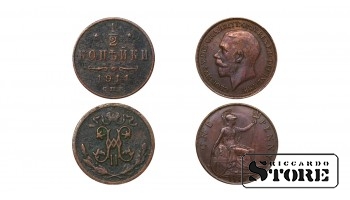 Set of 2 coins Russia 1/2 Kopeck 1911 and Great Britain 1 Penny 1919