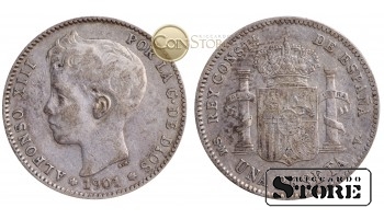 Испания , 1 песета 1901 год , Серебро 5 г (Король Альфонсо XIII (1886 - 1931)