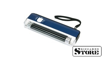 Longwave UV tester with retractable stand and built-in flashlight for verifying the authenticity of banknotes, stamps, and documents.