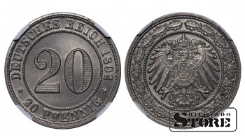 Vācija, 20 pfennigu, 1892. gads, D, vara-niķelis, NGC MS 66, Top Pop