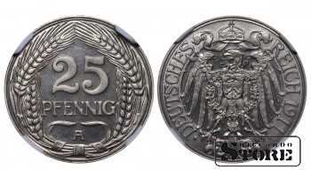 Vācija, 25 pfennigu, 1911. gads, A, niķelis, NGC PF 67