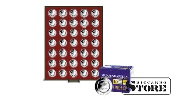 Rauchglas numismaatiline karp 35 ümmarguse raku jaoks 10 euro müntide paigutamiseks polümeerigeeringuga kapslites. Komplektis 10 mündikapslit