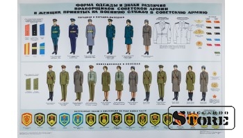 Плакат "Форма одежды и знаки различия прапорщиков советской армии и женщин, принятых на военную службу в советкую армию" 1972 г. 92x61 см CSP102