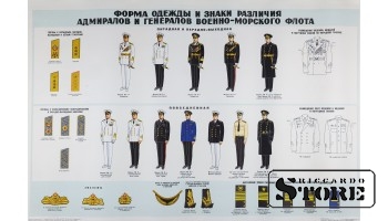 Плакат "Форма одежды и знаки различия адмиралов и генералов военно-морского флота" 1972 г. 92x61 см CSP104