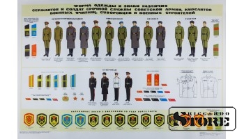 Плакат "Форма одежды и знаки различия сержантов и солдат срочной службы советской армии, курсантов военных училищ, суворовцев и военных строителей" 1972 г.  92х61 см CSP107