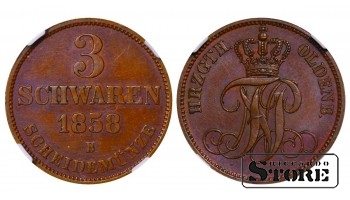 Oldenburgo didžioji kunigaikštystė, 3 Schwaren, 1858 m., varis, NGC, MS 62 BN, Top PoP