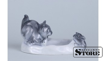 Статуэтка, Пепельница "Кот и мышь" , Рига , фарфор, Фабрика М.С. Кузнецова, 30 -е годы, 11 см